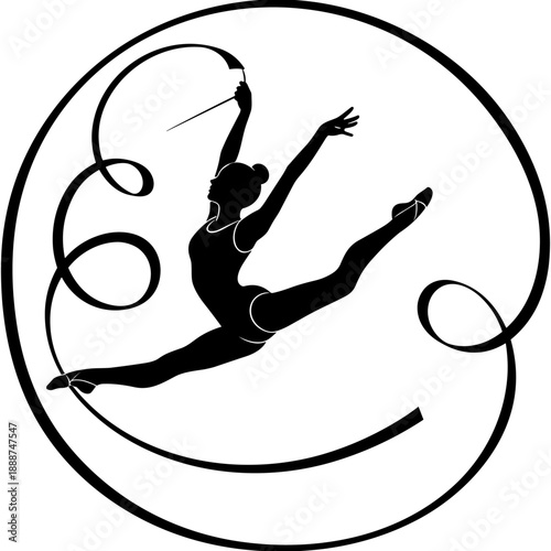 Black silhouette of rhythmic gymnast performing leap with ribbon in circular frame isolated on white background for logo and design.