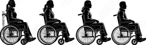 Black silhouettes of diverse people using manual wheelchairs representing accessibility, medical rehabilitation, disability rights, and inclusive mobility for healthcare design