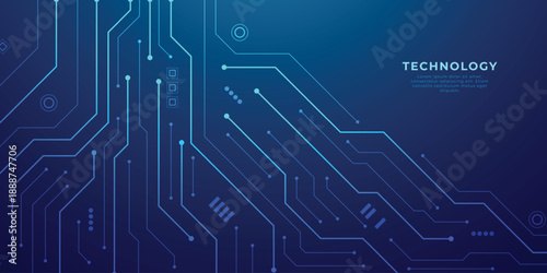 Abstract tech background featuring circuit patterns and blue chip design. Digital board texture with electronic lines for futuristic data concepts. Digital technology vector background.