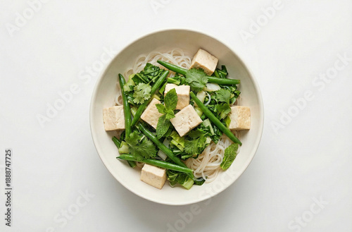 Tofu and green bean noodles, with mint leaves on top, in a bowl against a white background.