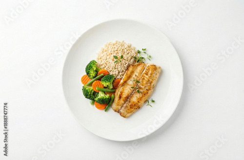 Plate of grilled fish fillet with brown rice and steamed vegetables on a white background, top view.