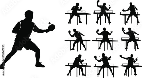 Table tennis player silhouette vector illustration with dynamic poses, ping pong action design, sports artwork, competitive game movement collection