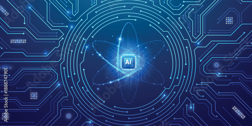 circular portal with luminous circuit patterns radiating on chip with nuclear atom icon with circuit. Blue neon frame featuring HUD interface, cyber elements, and electronic board aesthetics.