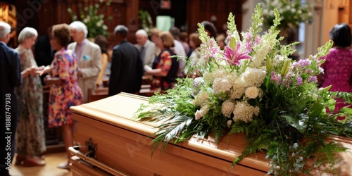 Floral arrangement on casket in funeral service with diverse attendees in background