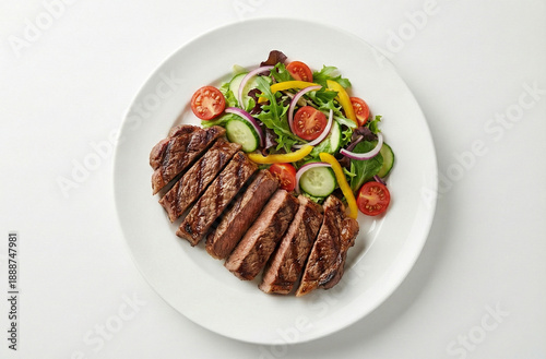 Top view of a juicy steak with a side salad on a white plate.