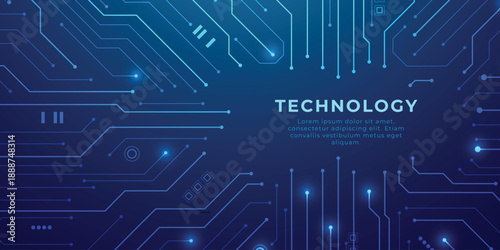 Blue circuit board design with electronic chip components and data lines creating futuristic tech pattern on dark digital background. Digital technology vector background.