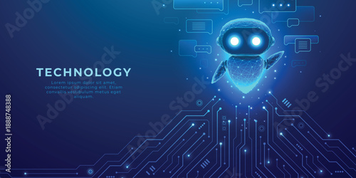 Hologram of AI Robot or Chatbot with Speech Bubbles on Technology Blue Background with electronic chip components and data lines creating futuristic tech pattern on dark digital background.