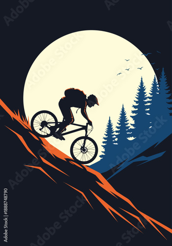 Vector illustration of a person mountain biking down a steep hill against a large moon and pine trees at dusk