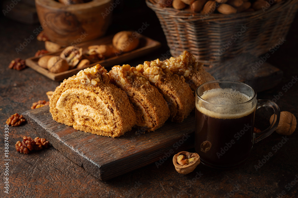 Fototapeta premium Walnut and buttercream roll: a traditional Oriental pastry.