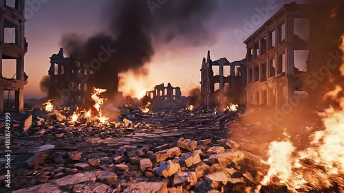 War Torn Cityscape with Fires and Destruction.
