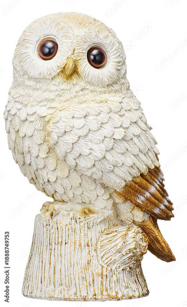 Obraz premium White Owl Figurine Perched on Tree Stump with Gold Accents Isolated on White Background