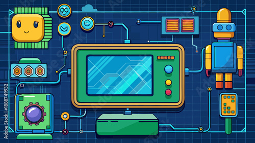 A digital illustration of an electronic circuit board and processor chip representing a high-tech computer network and data communication hardware concept