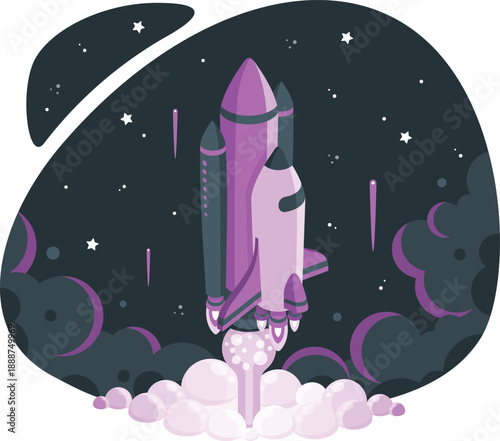 Spacecraft Launching into Night Sky with Stars and Clouds Illustration