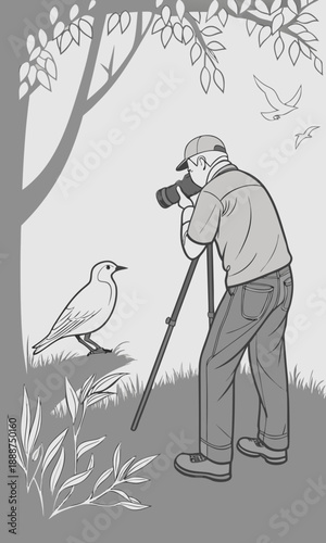 Photographer capturing wildlife with tripod in nature setting.