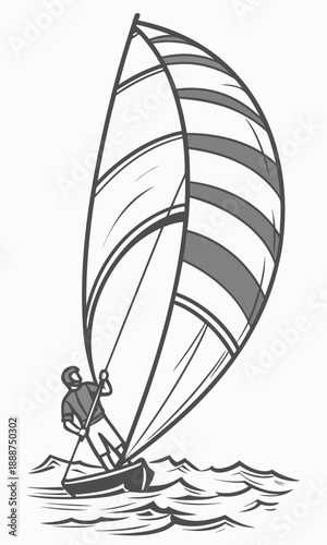 Sailboat Illustration Man Sailing on Water with Striped Sail.