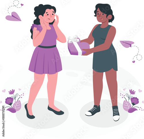 Two women exchanging a gift in a joyful moment, surrounded by flowers