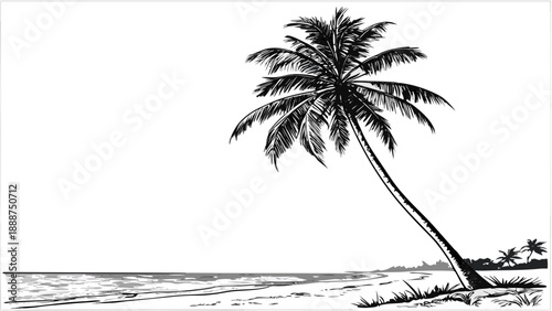 Tropical Beach Scene with Palm Tree Silhouette Illustration.