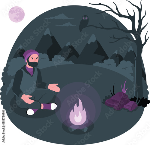 A man meditates serenely by a campfire under the moonlight in a mystical forest surrounded by mountains and trees at dusk from a high viewpoint