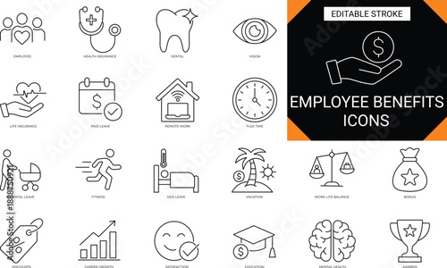Employee Benefits Icon Set, icons for HR and business, employee, benefits, insurance, remote work, mental health, professional vector set with editable stroke.