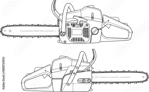 Chainsaw line illustration set showing front and side views of gasoline power tool for forestry and wood cutting