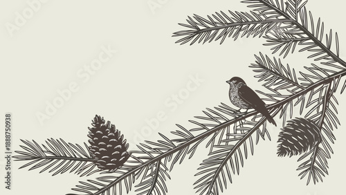Winter Scene with Bird Pine Cones and Evergreen Branch.