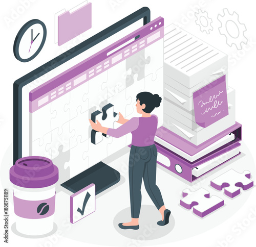 Woman organizing digital calendar on large computer screen with puzzle pieces and office supplies nearby in a productive workspace