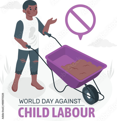 A young boy pushing a wheelbarrow with unhappy children inside on World Day Against Child Labour