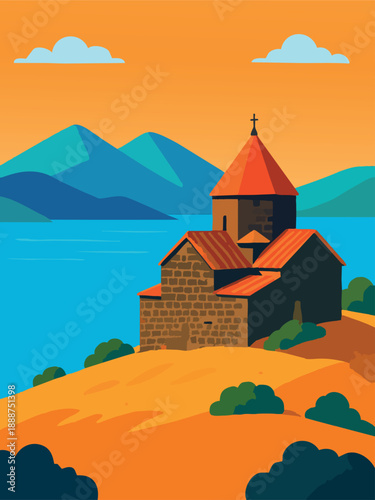 Lake Sevan and Ancient Monastery Vector Landscape in Flat Style
