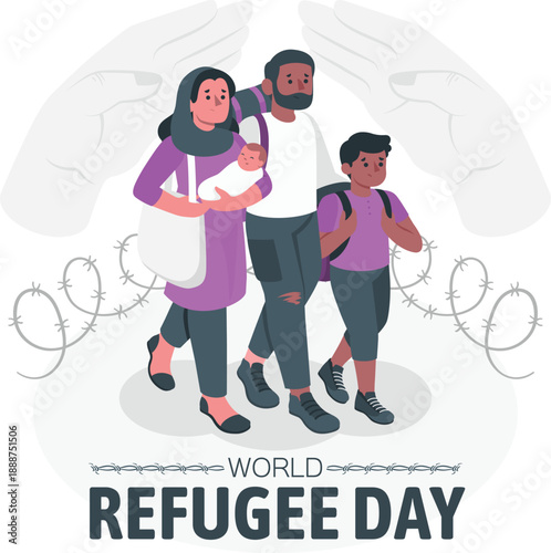 Refugee family walking together through a challenging journey, illustrating the struggles and resilience on World Refugee Day