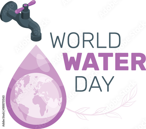 Illustration of World Water Day with a tap dripping water drop shaped like Earth