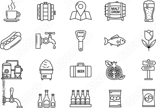 Food and beverage outline icons set with coffee beer snacks brewery equipment street food symbols