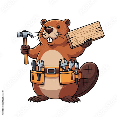 Cartoon Beaver Carpenter with Tools and Timber.