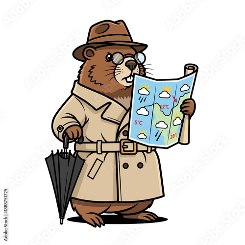 Cartoon beaver in trench coat reading map.