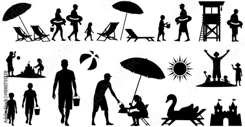 Beach Activity Silhouette Icons: Sandcastle, Umbrella, Inner Tube, Paddle Boat, Lifeguard Tower, Sun, Family Fun, Summer Relaxation, Black and White, Minimalist Design