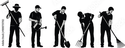 Vector illustration of five gardening workers using rake, shovel, watering can, pitchfork, outdoor landscaping tools, silhouette design for stock content