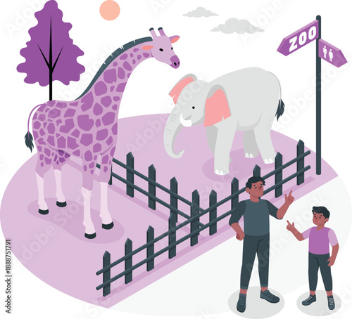 Man and boy observing giraffe and elephant standing near a fenced zoo enclosure outdoors