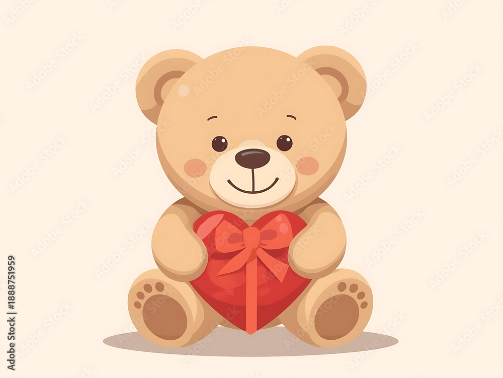 Fototapeta premium A cute brown teddy bear sits as a sweet stuffed animal toy illustration featuring a soft cartoon heart gift isolated for a child