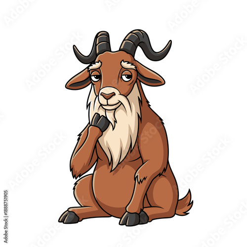Cartoon Goat with Thoughtful Expression Sitting.