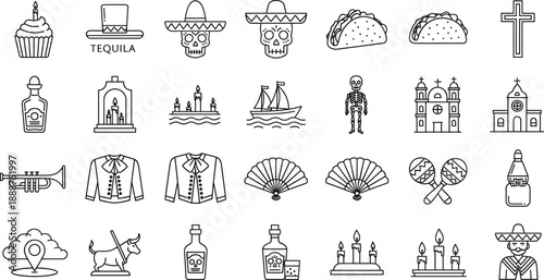 Mexican culture line icons set with food drinks landmarks religion music and traditional celebration symbols