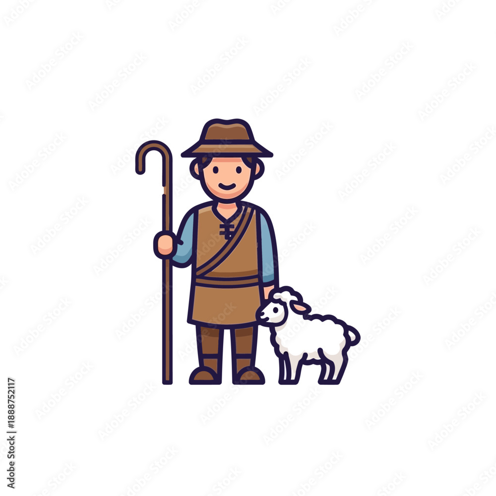 Obraz premium Cartoon Shepherd Standing with Sheep and Staff.