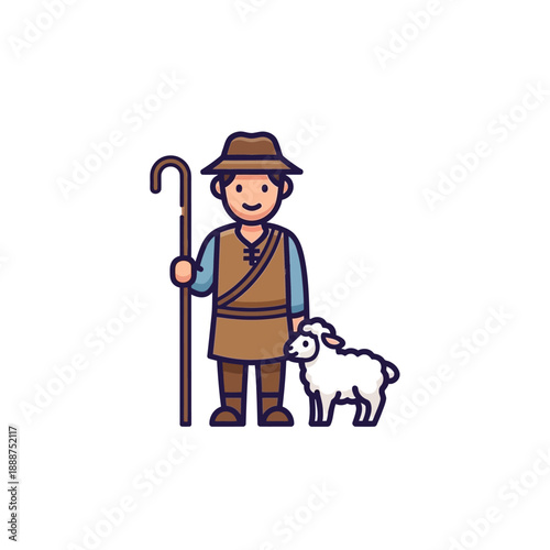 Cartoon Shepherd Standing with Sheep and Staff.