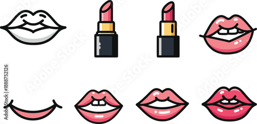 Set of Pink Lips and Lipstick Icons, Flat Vector Smile and Mouth Illustrations with Glossy Lipstick for Beauty and Cosmetic