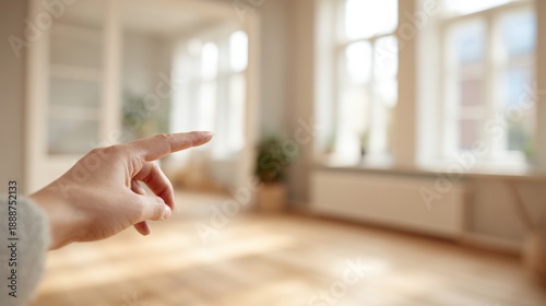 Person's hand pointing towards a large window in an empty room with wooden flooring. the room appears to be empty, with no other furniture or decorations visible.