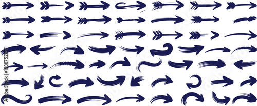 Dark blue color hand-drawn brush arrow mega set, thick and thin variations bold arrows clipart, curved arrow vector art, expressive black ink brush strokes, vector illustrations.