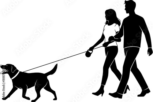 Couple walking dog silhouette, man and woman with labrador on leash, outdoor lifestyle, daily routine, pet owners exercise, white background