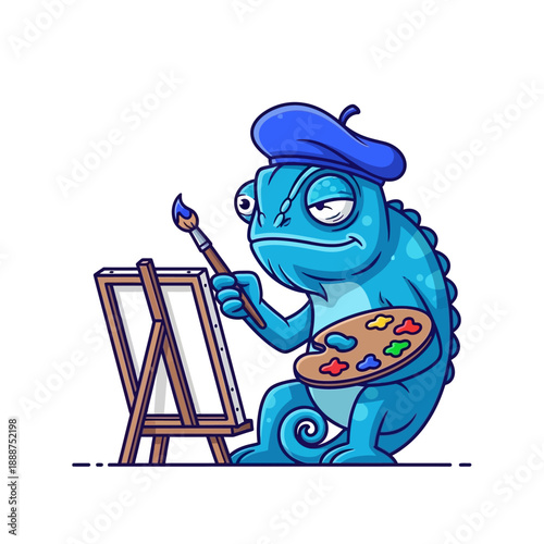 Chameleon Artist Painting on Canvas Easel.