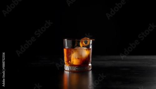 Classic Old Fashioned Cocktail with Orange Peel Garnish and Ice in a Rocks Glass