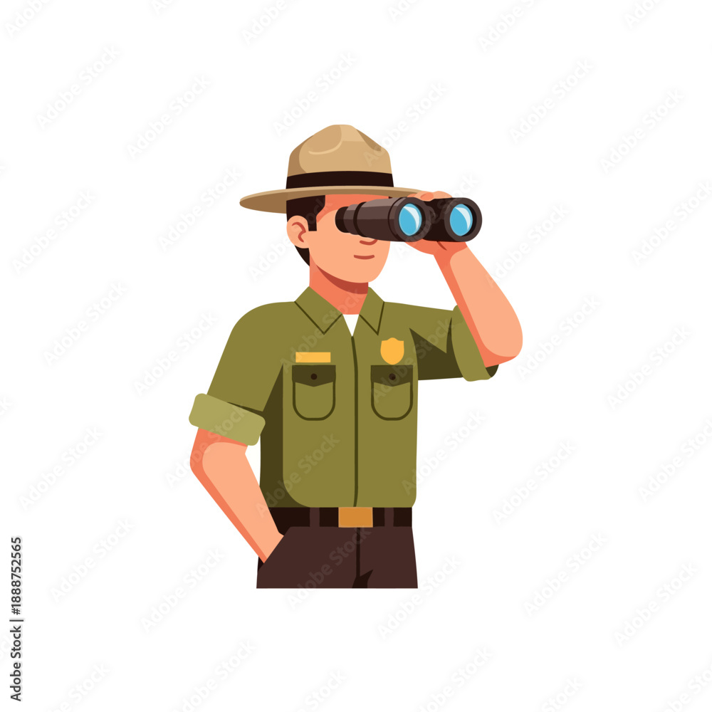 Fototapeta premium Park Ranger Man Looking Through Binoculars.