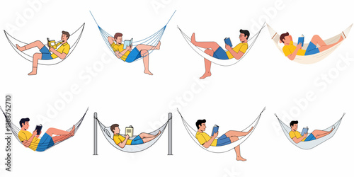 Collection of illustrations showing a man relaxing in a hammock and reading a book, depicting leisure, vacation, and comfortable summertime activities.
