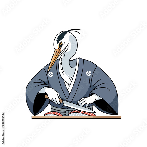 Stork Chef Preparing Sushi with Knife.